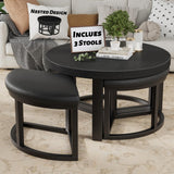 IGERI Round Coffee Table with Stools Underneath - 30 Inch Small Modern Tables Set with 3 Chairs Ottomans Seating Seats Black Wood IGERI