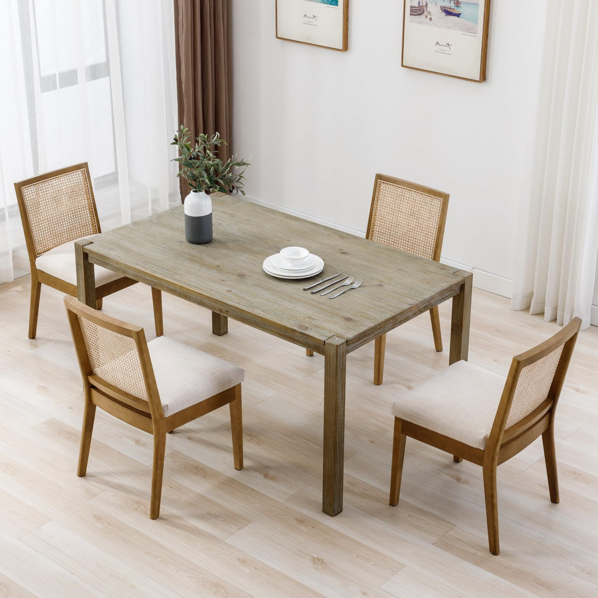 BESTANO Rattan Dining Chairs Set of 4 Natural Wooden Dining Room Chairs Rectangle Cane Country Kitchen Chairs Linen Upholstered Dining Chairs, Cream BESTANO