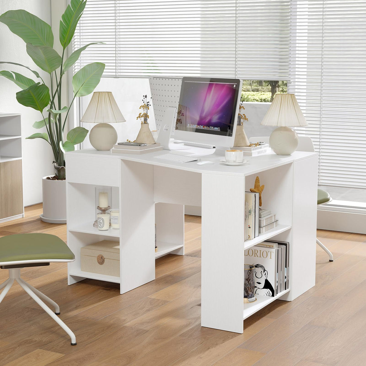 Giantex White Desk with Drawer, 48 Inch Corner Desk with Storage Shelves, Laptop PC Table for Workstation, Vanity Table for Bedroom, Modern Wood Executive Study Writing Table for Small Space Giantex