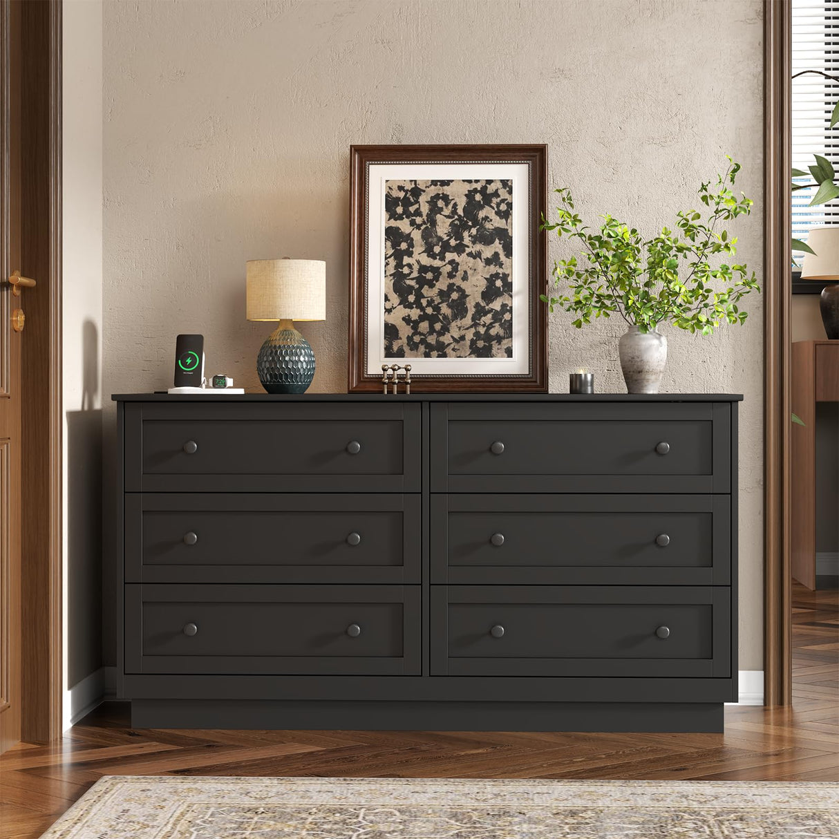 Gyfimoie 6 Drawer Dresser with Power Outlet and LED Light, Modern Floating Storage Dresser for Bedroom, Living Room Gyfimoie