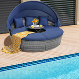 HAPPYGRILL Rattan Daybed with Canopy, Outdoor Wicker Round Daybed Patio Sectional Seating with Cushions & Adjustable Side Table, Patio Furniture for Backyard Porch Poolside HAPPYGRILL