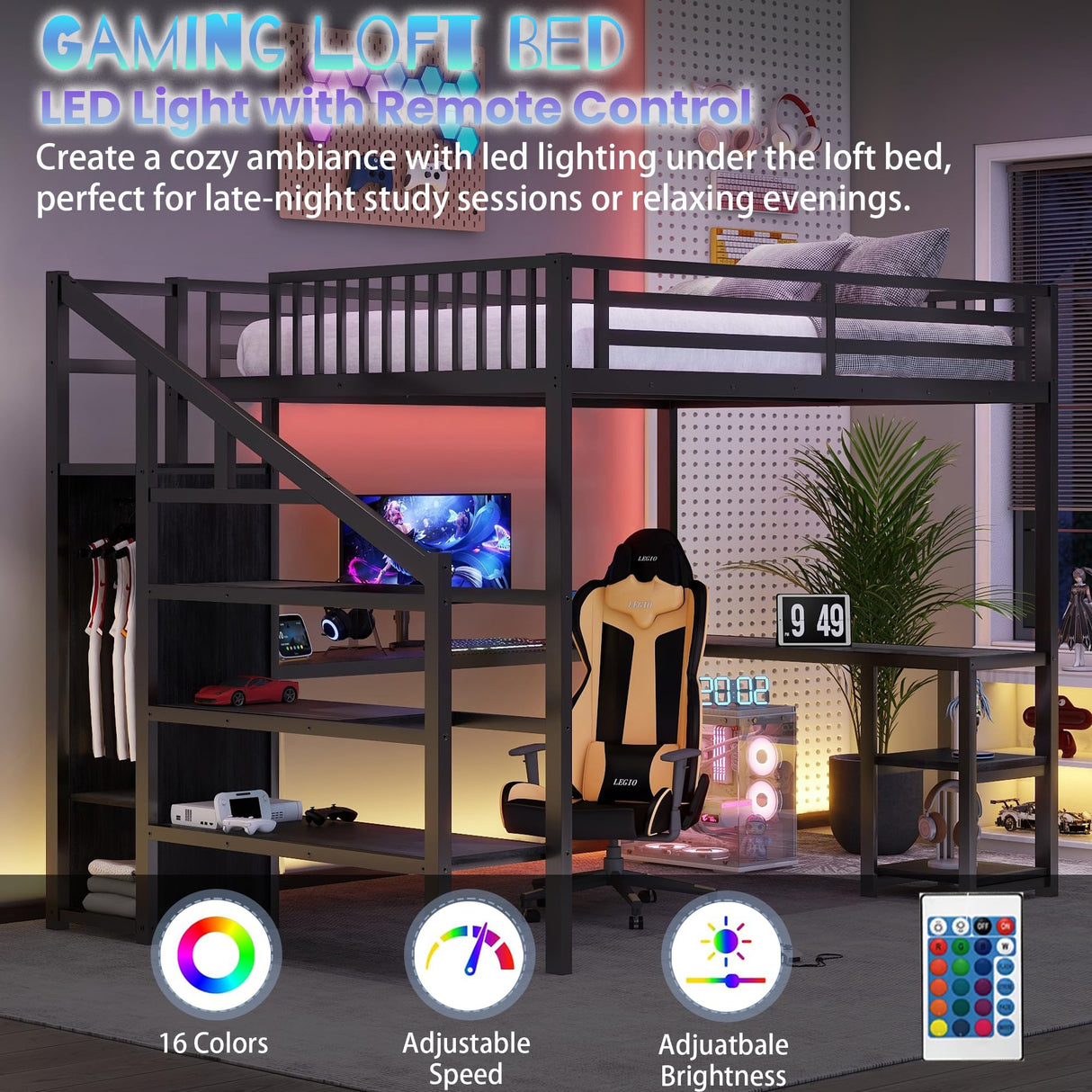 Queen Size Loft Bed with Desk,Metal Heavy Duty Queen Loft Beds with Stairs,Wardrobe and Shelves, High Gaming LoftBed with LED Light and USB Charging Station for Adults,Teens, Black Mirightone