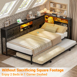 Homieasy Daybed with Pop Up Trundle, Corner Twin Bed Frame with Charging Station & LED, Reversible Twin Day Bed with Storage Bookcase Headboard for Bedroom, Living & Guest Room, Black Homieasy