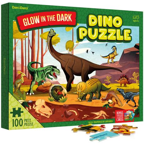 Glow in The Dark 100 Piece Dinosaur Puzzle for Kids - Dinosaurs Jigsaw Puzzles Toys for Boys & Girls Ages 6-8 - Christmas Birthday Gifts for Age 6 7 8 Year Old Toddler Boy Girl Gift - Dino Toy Dan&Darci