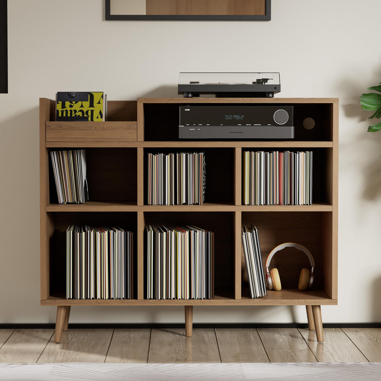 Cozy Castle Record Player Stand, Turntable Shelf with Vinyl Storage up to 500 Albums, Vinyl Record Player Shelf with Power Outlet Sideboard Buffet Cabinet with Storage Accent Cabinet, Brown Cozy Castle