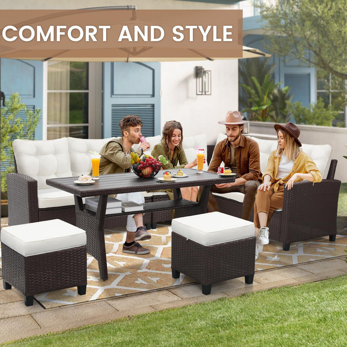 KROFEM 6-Piece Outdoor Patio Furniture Set - Sectional Sofa, Dining Table & Chairs Included, All-Weather Dining Set with Ottoman, Brown Wicker and White Cushions KROFEM