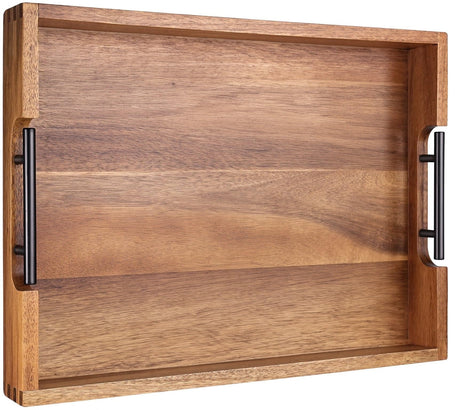 Joy&Grace Acacia Wooden Serving Tray with Metal Handles 16.7 x 12.8 inch Decorative Ottoman Tray for Living Room Coffee Table (Color Natural) Joy&Grace