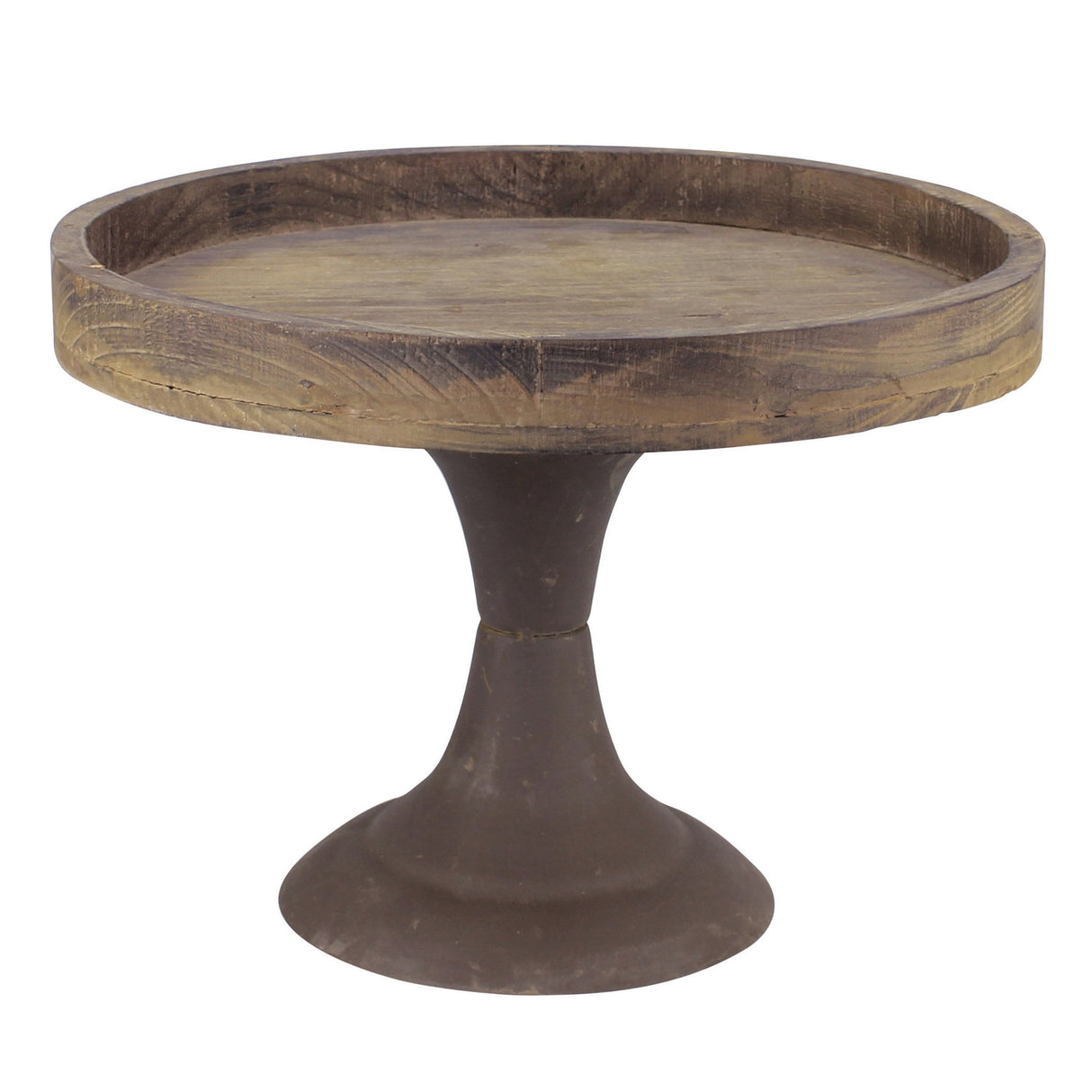 Stonebriar Rustic Worn Natural Wood and Metal Pedestal Tray, Decorative Pillar Candle Holder, For Centerpieces, Mantel Decoration, or Any Table Top, Large Stonebriar