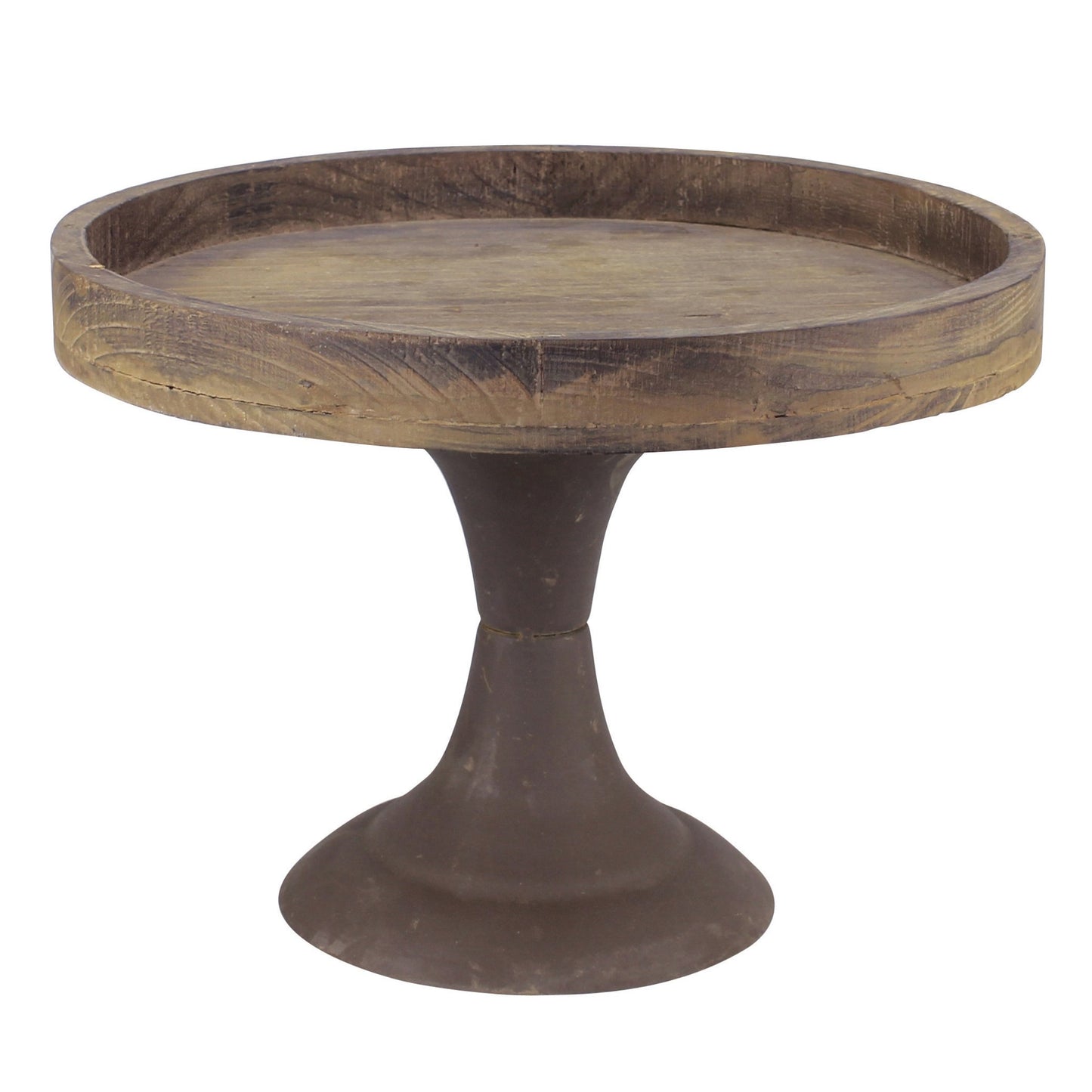 Stonebriar Rustic Worn Natural Wood and Metal Pedestal Tray, Decorative Pillar Candle Holder, For Centerpieces, Mantel Decoration, or Any Table Top, Large