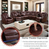 Power Recliner Sofa Sectional Sofa with LED Light for Living Room, Air Leather Reclining Corner Sectional Sofa Set, Cup Holder, Storage Console for Home Theater Seating (Burgundy, Sectional+Chair) AYCP Furniture