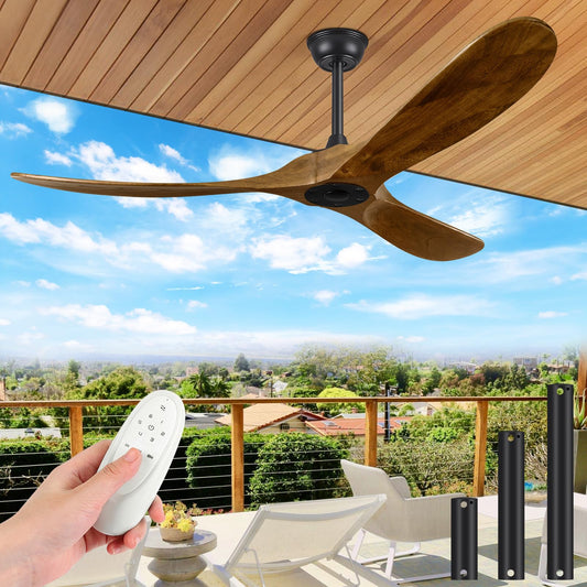 60" Ceiling Fans Without Lights, 60 Inch Indoor/Outdoor Ceiling Fans no Light, 3 Blade Solid Wood Ceiling Fan with Remote Control for Farmhouse Patios Living Room Bedroom, Quiet DC Motor, Dark Walnut