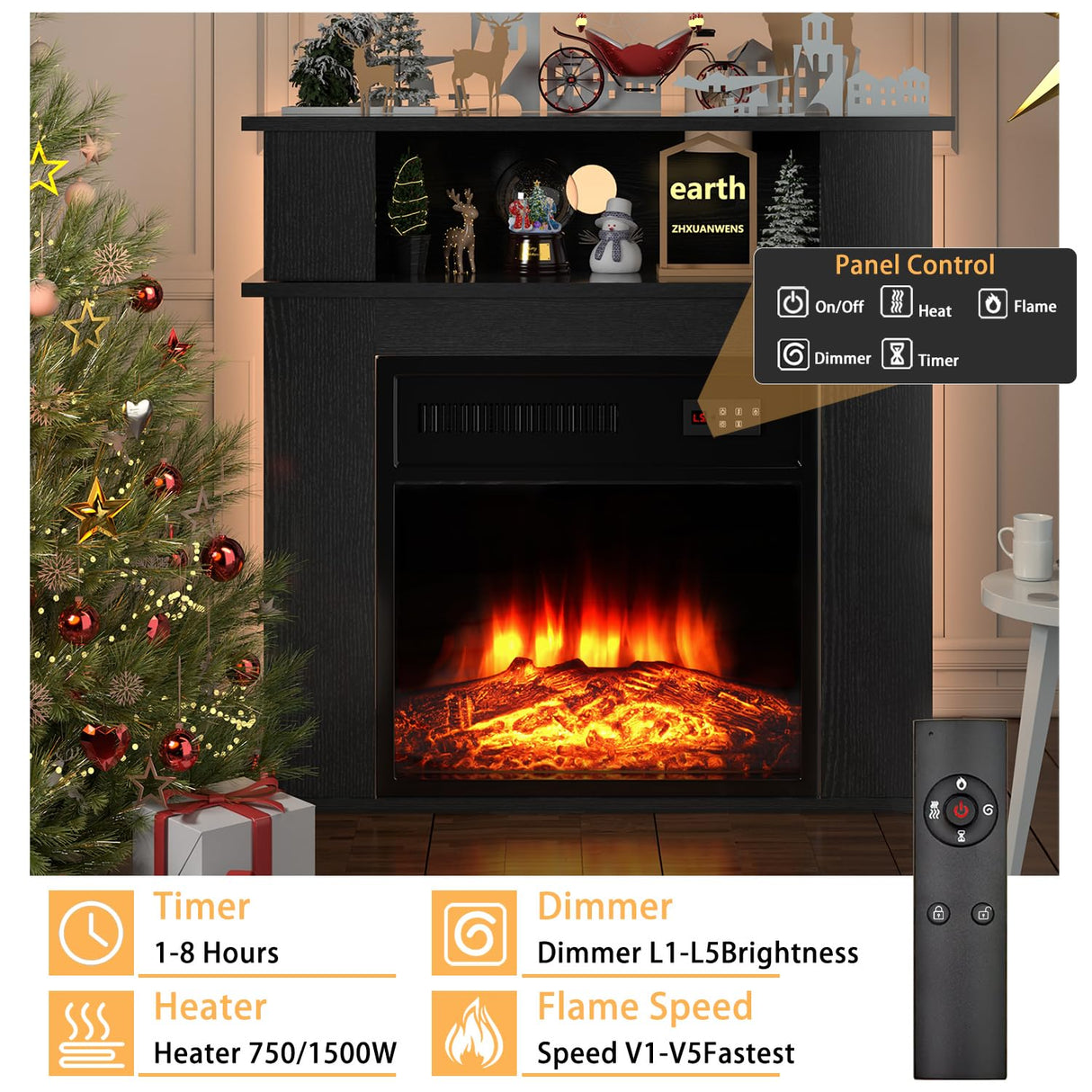 PRETZI 28" Electric Fireplace with Mantel, Small Fireplace tv Stand with 18" Fireplace Insert, 3D Realistic Flame, Portable Freestanding Fireplace with a Shelf for Living Room, Remote Control, Black PRETZI