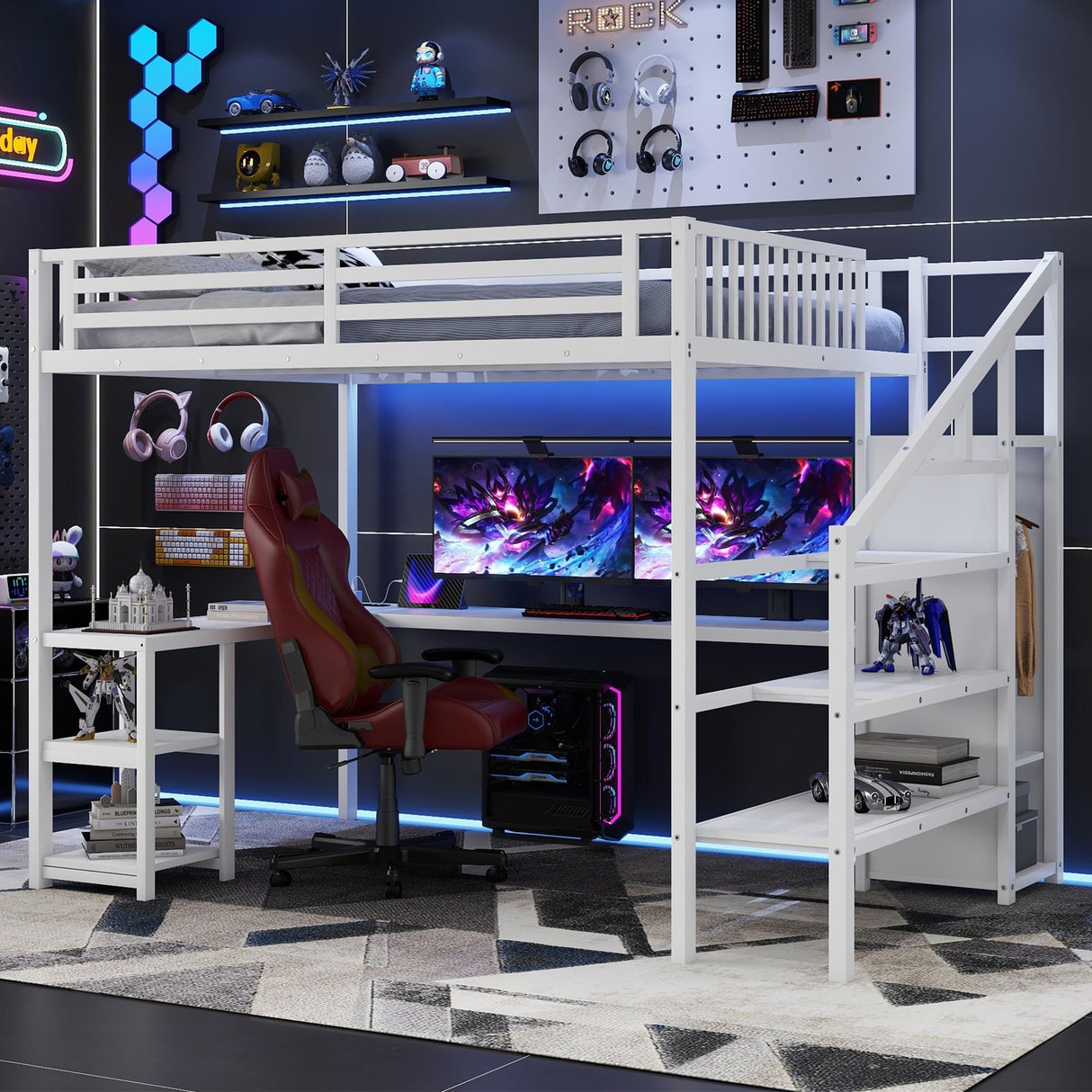 Queen Loft Bed with Stairs and Desk,Heavy Duty Metal Queen Size Loft Bed Frame for Adults with Wardrobe and Shelf, Gaming Bed with LED and USB for Teens Girls Boys,No Noise, White MoproBeti