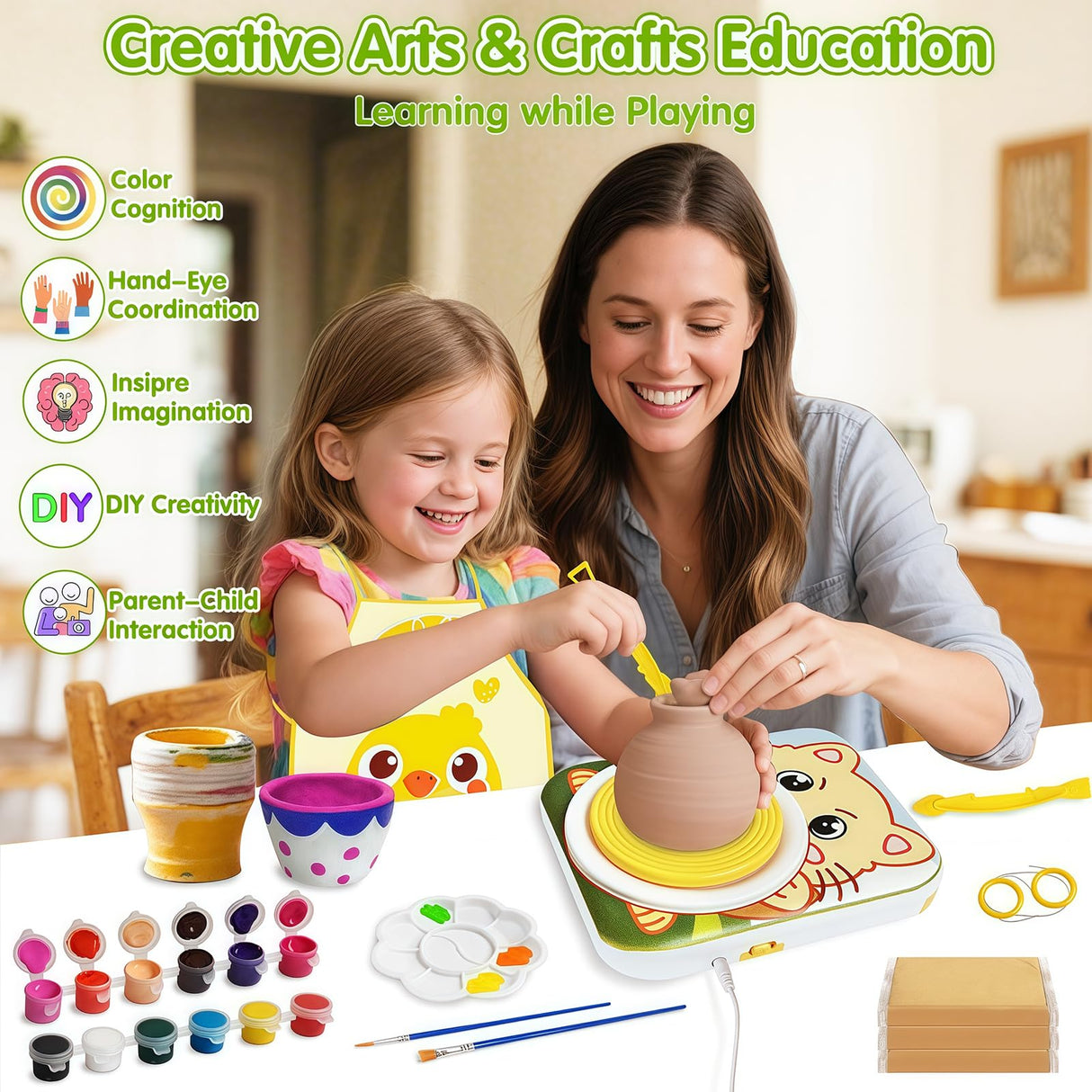 Pottery Wheel for Kids Arts and Crafts Toys for Kids 4-8 8-12 Girl Beginner with Foot Pedal USB Power 3 Clay Packs Apron Tools Mini Art Supplies Birthday Christmas Gifts for 9 Year Old Girls Mikiomie