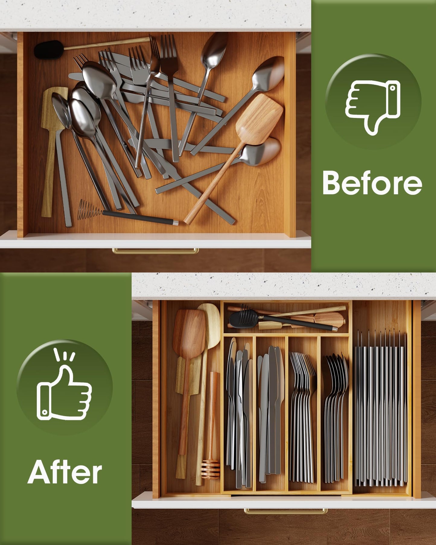 AUJEN Bamboo Silverware Organizer - Expandable Drawer Organizer, Adjustable Utensil Organizer, Kitchen Cutlery Drawer Organizer, Kitchen Organizers and Storage Holder for Flatware, 5-7 Slots, Natural