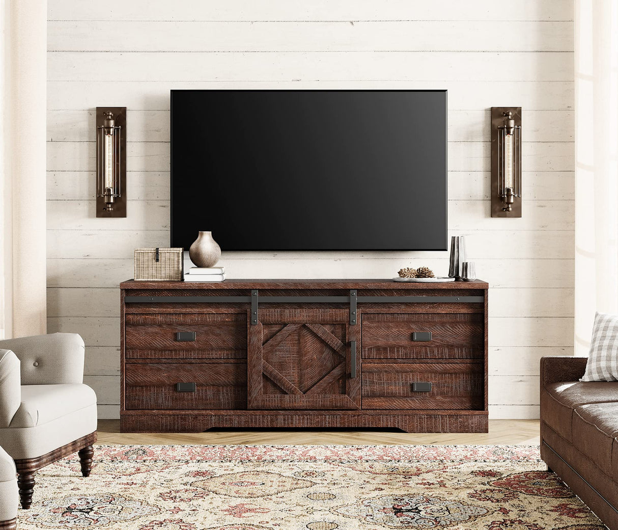 WAMPAT Farmhouse TV Stand with Charging Station and USB Ports for TVs up to 110" TVs,3 in 1 Wood Entertainment Center with 10 Drawers and Adjustable Shelves for Living Room, Rustic Brown WAMPAT