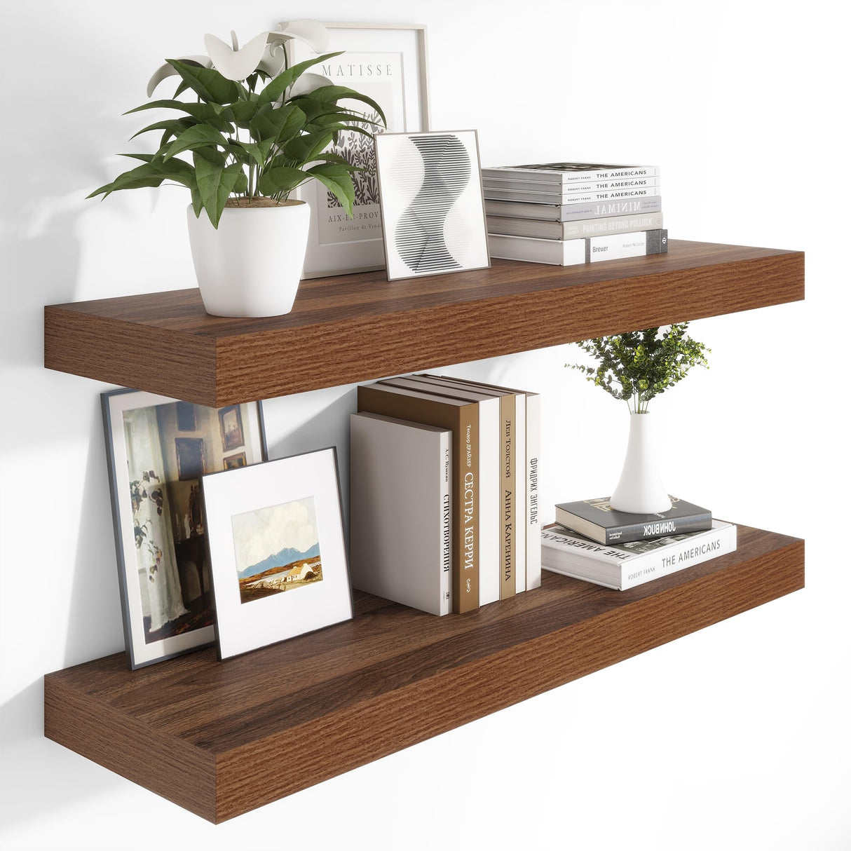 Heimlove 12 Inch Deep Floating Shelves, 48 x 12 inches Long Wall Shelf, Large Display Shelf & Storage Shelf, Rustic Wood Wall Shelves for Fireplace Mantel, Set of 2(Walnut) Heimlove