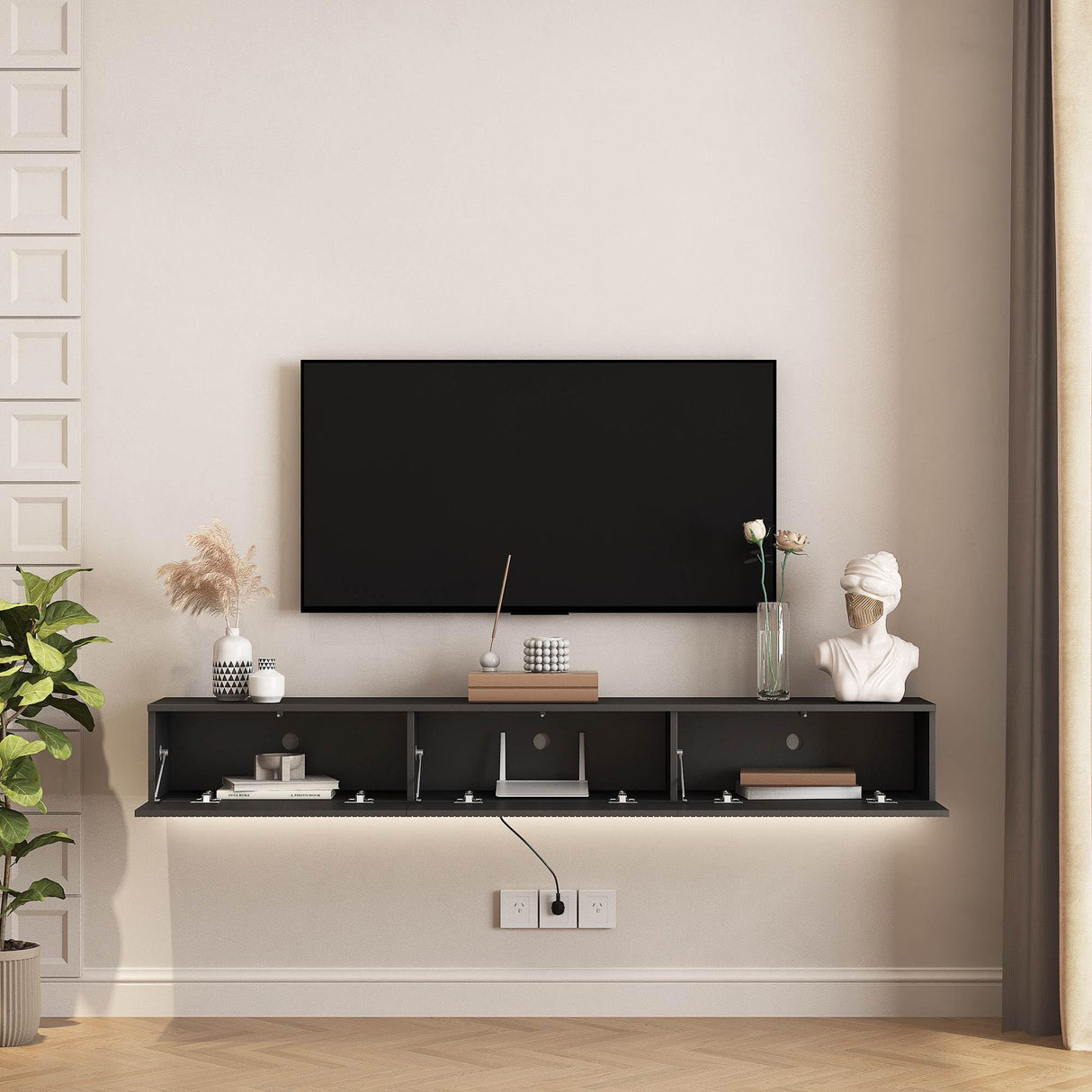 Resenkos Floating TV Stand, Wall Mounted TV Shelf with Led Lights & Power Outlet, Modern Entertainment Center with Storage, 68.8'' Media Console TV Stands for Living Room, Bedroom, Black Resenkos
