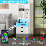 Modern LED Tall Nightstand Set of 2 with Charging Station and Storage, White ADORNEVE