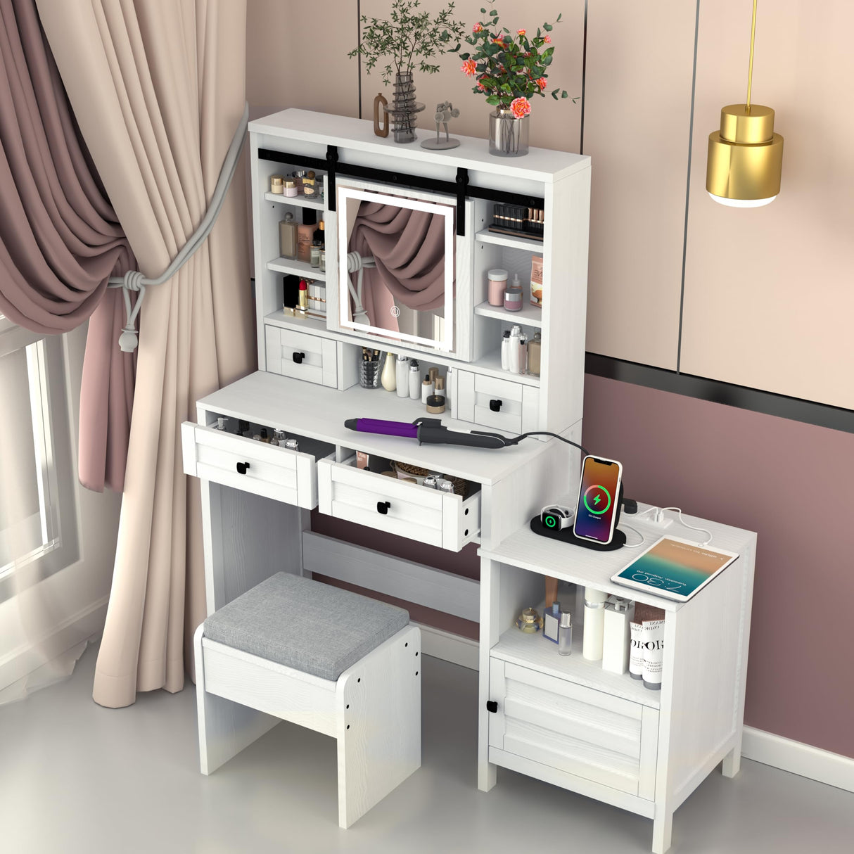 MECHYIN Vanity Desk with Sliding Mirror and Lights, 49'' Farmhouse Makeup Vanity with Nightstand & Power Outlet, Vanity Table with Drawers, Storage Shelves, Dressing Table Set with Stool for Bedroom MECHYIN