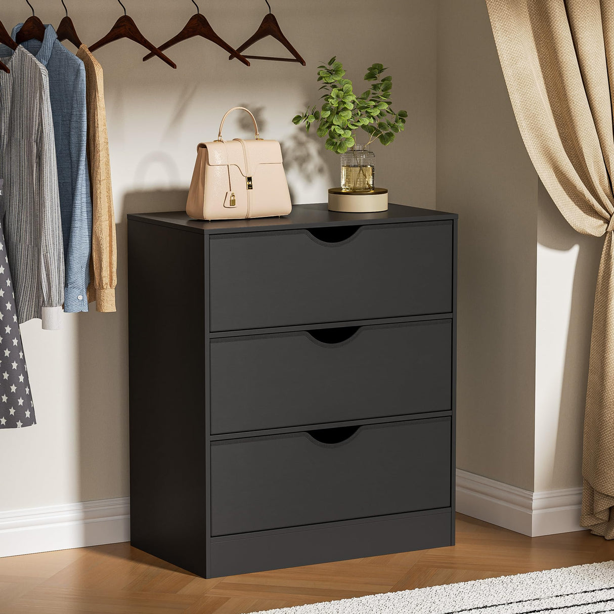 Housoul 3 Drawers Dresser for Bedroom with Fabric PU Drawer and Wood Frame, Black Small Dresser with Large Organizer, Chest of Drawers for Closet, Living Room, Hallway, Black Housoul