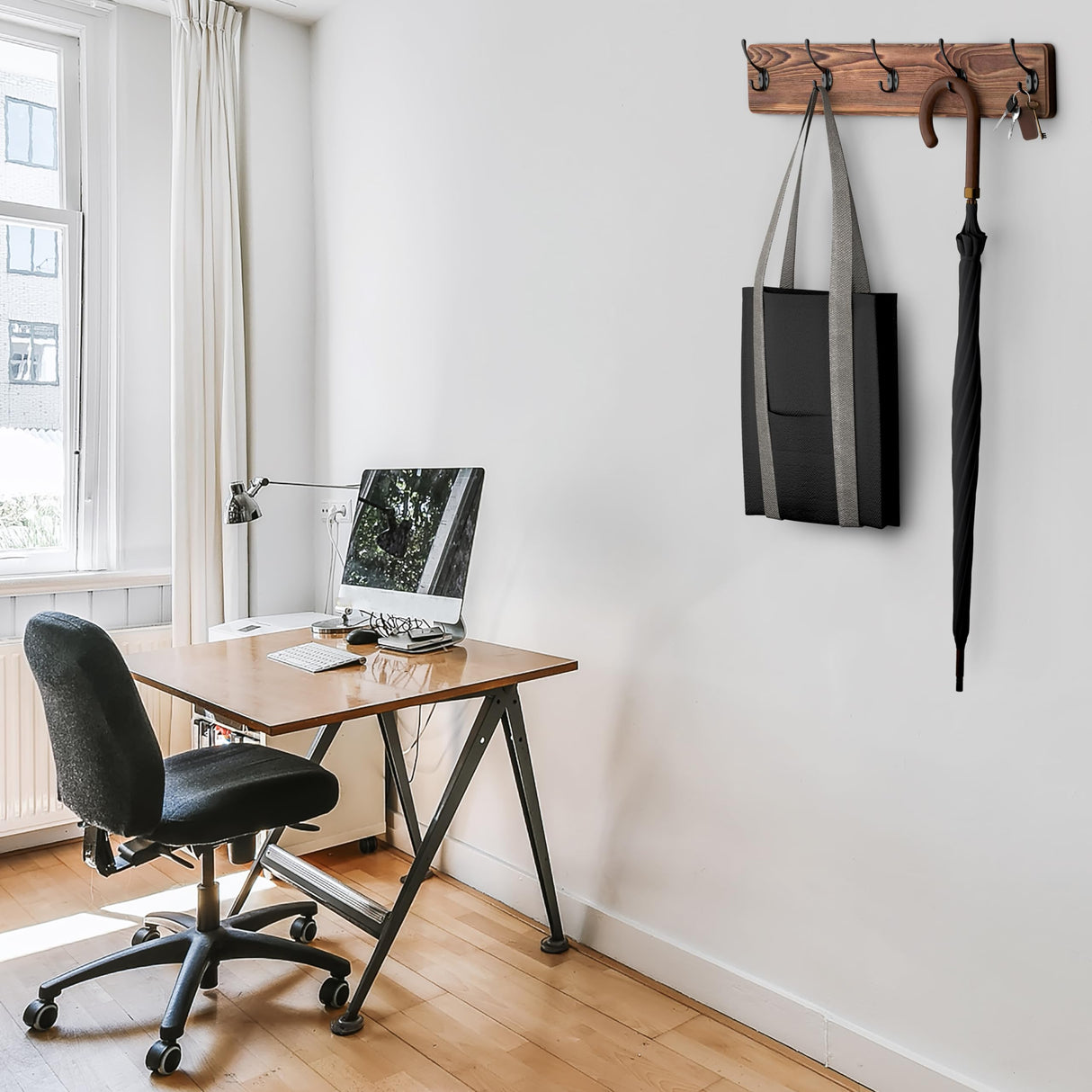 Rustic Coat Rack Wall Mount – 17 Inch Solid Pine Wood Wall Mounted Coat Rack with 5 Hooks – Distressed Finish, 16 Inch Hole Distance – Heavy Duty Wall Hook Rack for Entryway, Hallway, Bathroom SAYONEYES