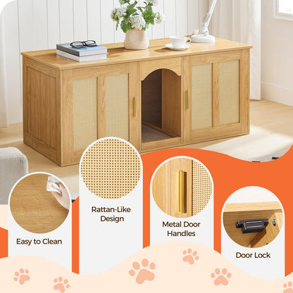 MAHANCRIS Cat Litter Box Enclosure for 2 Cats, Hidden Litter Box Furniture with Rattan Door, Boho Style Wooden Cat Washroom Furniture, 47.2" Side Table TV Stand for Living Room, Natural CWN13 - WoodArtSupply