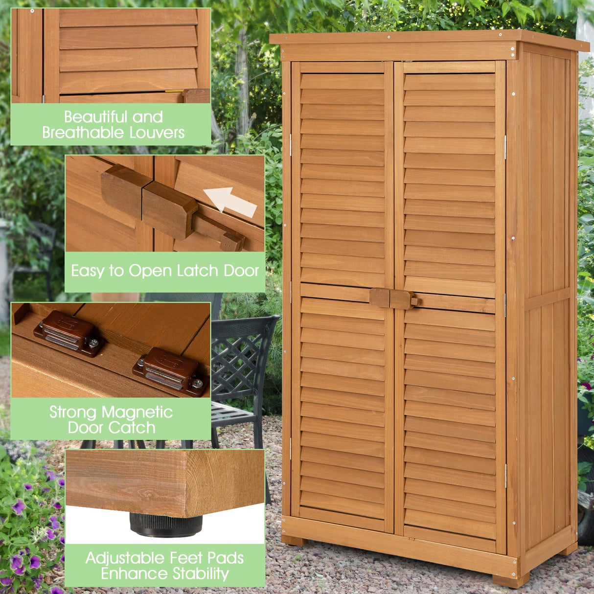 Goplus Outdoor Storage Cabinet, Wooden Storage Shed with Latch, Detachable Shelves & Weather Resistant Pitch Roof, Vertical Garden Tool Organizer for Outside Yard Patio Deck Goplus