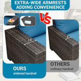 Jing's Villa 5-Piece Patio Furniture Set, All-Weather Outdoor Wicker Sectional Sofa with Cushions, Tempered Glass Table & Ottoman, Rattan Conversation Seating for Porch, Garden, Backyard,Peacock Blue Jing's Villa