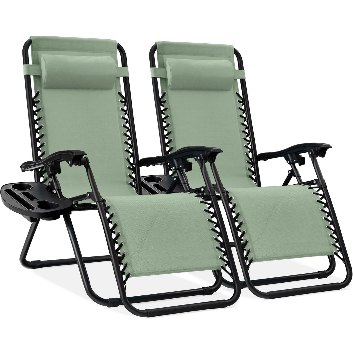 Best Choice Products Set of 2 Adjustable Steel Mesh Zero Gravity Lounge Chair Recliners w/Pillows and Cup Holder Trays - Sage Green Best Choice Products