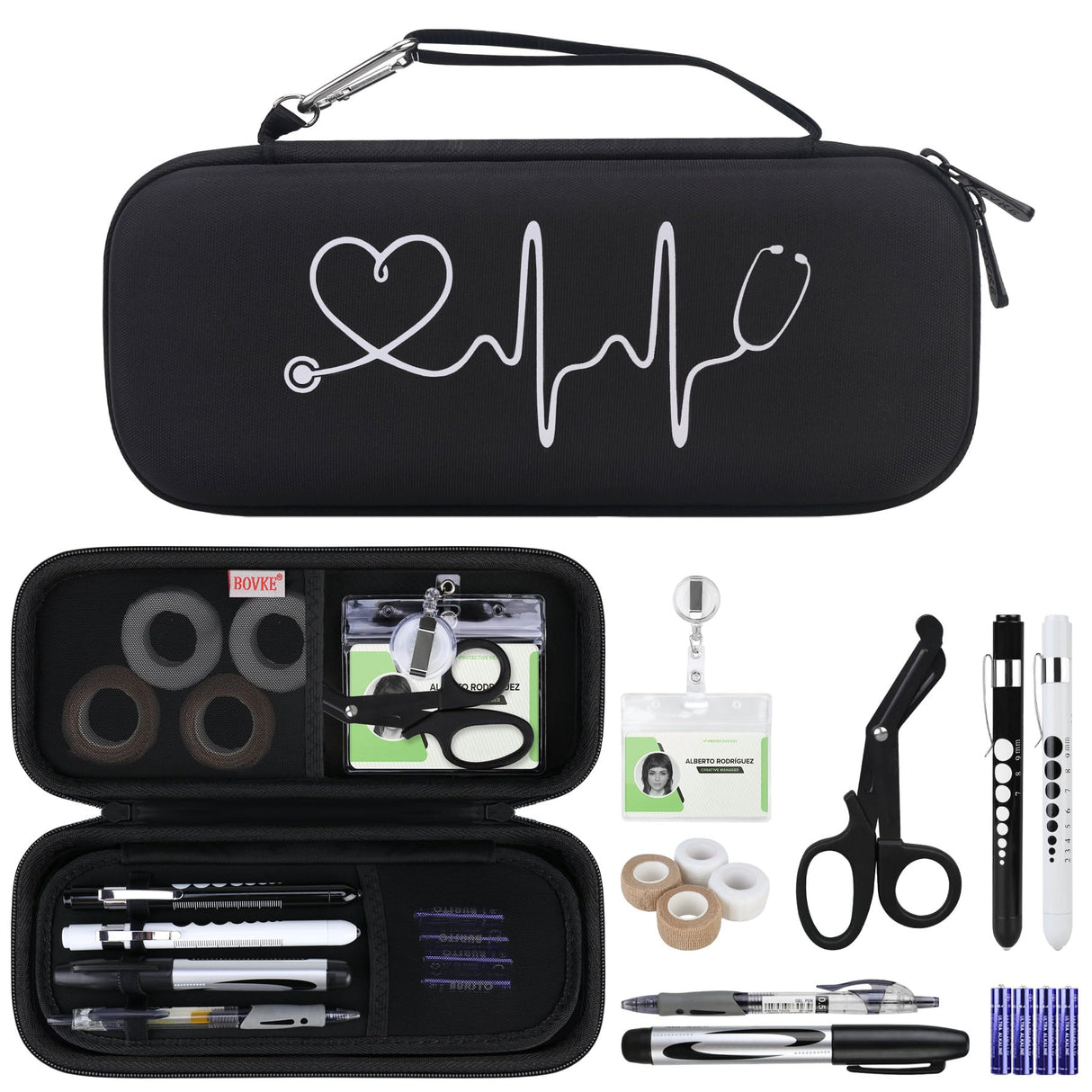 BOVKE Stethoscope Case Kit, 15 Pcs Tool Set Perfect Nurse Gift Include Stethoscope Case, Medical Scissor, Bandage Wraps, 2 Penlights with Batteries, Bandage Holder for Nurses, Black+Black BOVKE