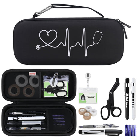 BOVKE Stethoscope Case Kit, 15 Pcs Tool Set Perfect Nurse Gift Include Stethoscope Case, Medical Scissor, Bandage Wraps, 2 Penlights with Batteries, Bandage Holder for Nurses, Black+Black BOVKE