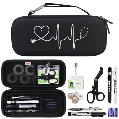 BOVKE Stethoscope Case Kit, 15 Pcs Tool Set Perfect Nurse Gift Include Stethoscope Case, Medical Scissor, Bandage Wraps, 2 Penlights with Batteries, Bandage Holder for Nurses, Black+Black