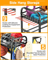 EXTCCT Garage Sports Equipment Organizer - Rolling Ball Storage Bin with Wheels, Garage Sports Gear Rack Outdoor Basketball Racks for Balls with Baseball Bat Holder and Hooks, Toy Organizer EXTCCT