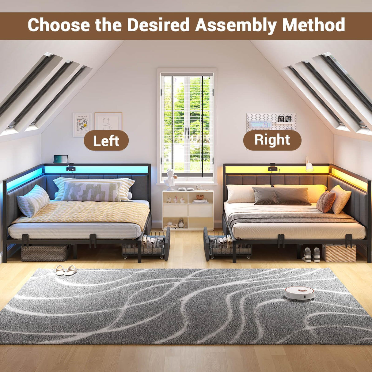 Hasuit Corner Bed Frame with Storage Drawers, Full Daybed with Line Fabric Upholstered Fence, Kids Bed Unit with LED Light and Charging Station, Modern Bed Frame Full Size, Gray Hasuit