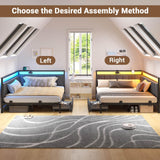 Hasuit Corner Bed Frame with Storage Drawers, Full Daybed with Line Fabric Upholstered Fence, Kids Bed Unit with LED Light and Charging Station, Modern Bed Frame Full Size, Gray Hasuit