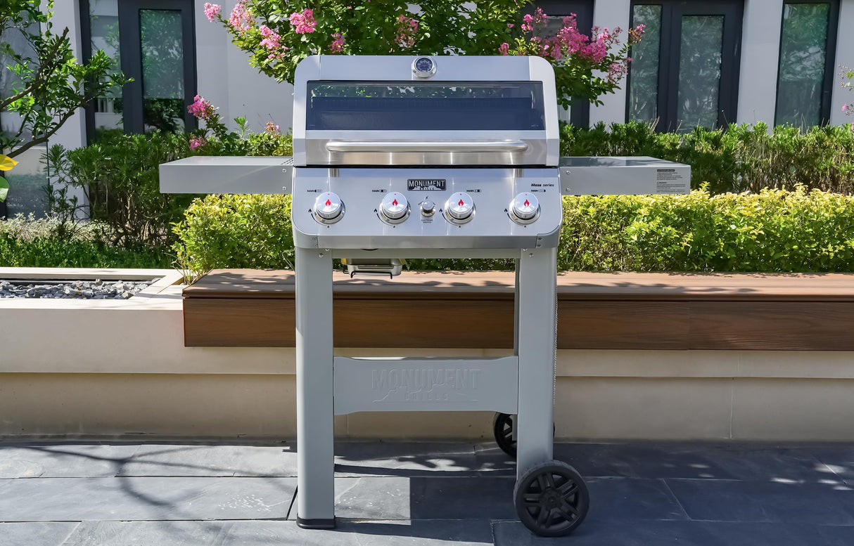 Monument Grills 4-Burner Liquid Propane Gas Grill, Silver Stainless Steel Grill Outdoor Patio Garden Barbecue Grill with Clearview® Lid and One Foldable Shelves, Mesa400MF Monument Grills
