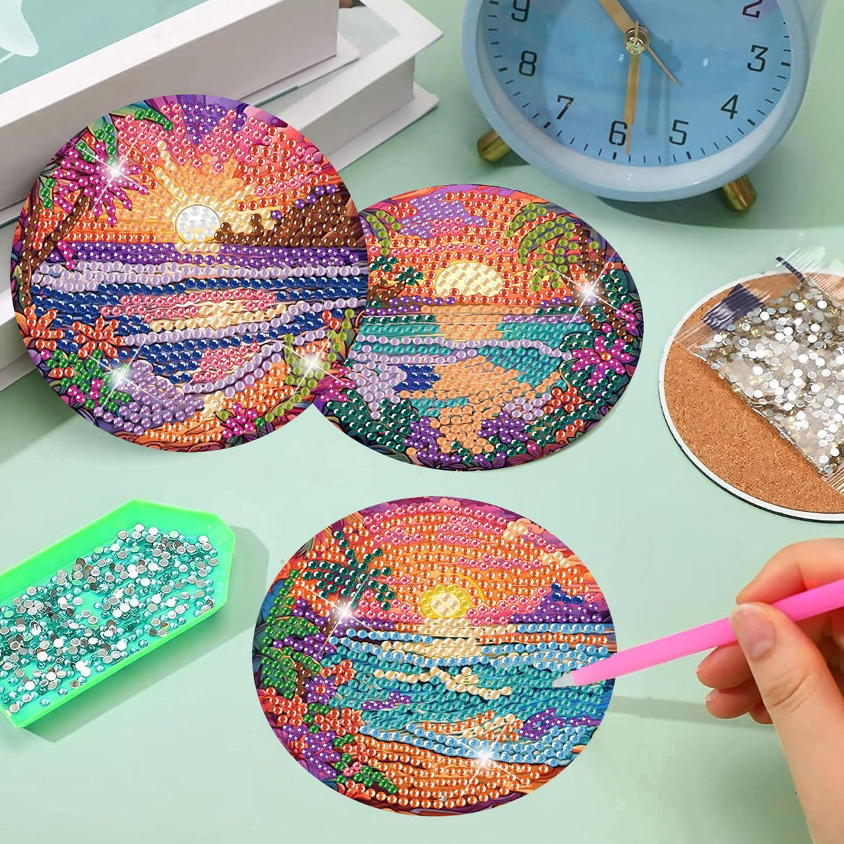 Meothan 8 Pcs Diamond Art Coasters kit with Holder Cork Pads, Diamond Dot Art Painting Coasters Kit for Adults (Sunset Beach) Meothan