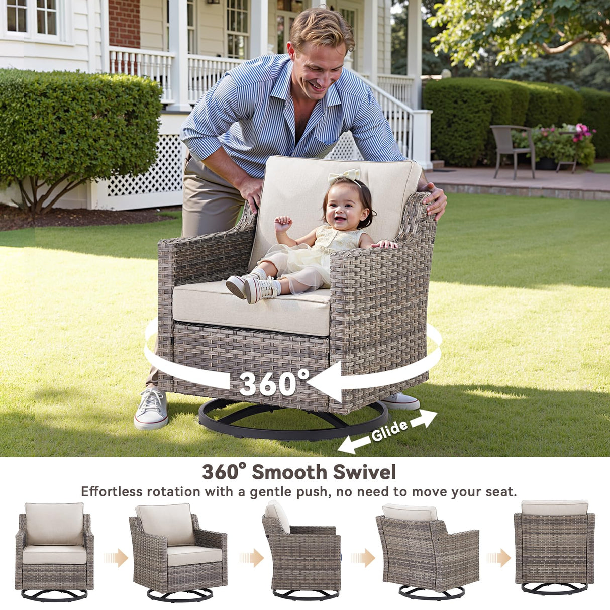 AMCLOBA 10 Piece Patio Furniture Set-High Back Outdoor Furniture Set Sectional Sofa with Wicker Swivel Patio Chairs,Comfy Cushions Ottomans for Porch Balcony Patio Deck Grey/Beige AMCLOBA