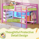 DICTAC Low Twin Size Loft Bed with Reading Corner and Bookshelf,Metal Twin Loft Bed with LED Lights,3 Sling Drawers&2 Movable Storage Bins,loft bed for Kids with 13.98"H Safety Guardrail & Stairs,Pink DICTAC