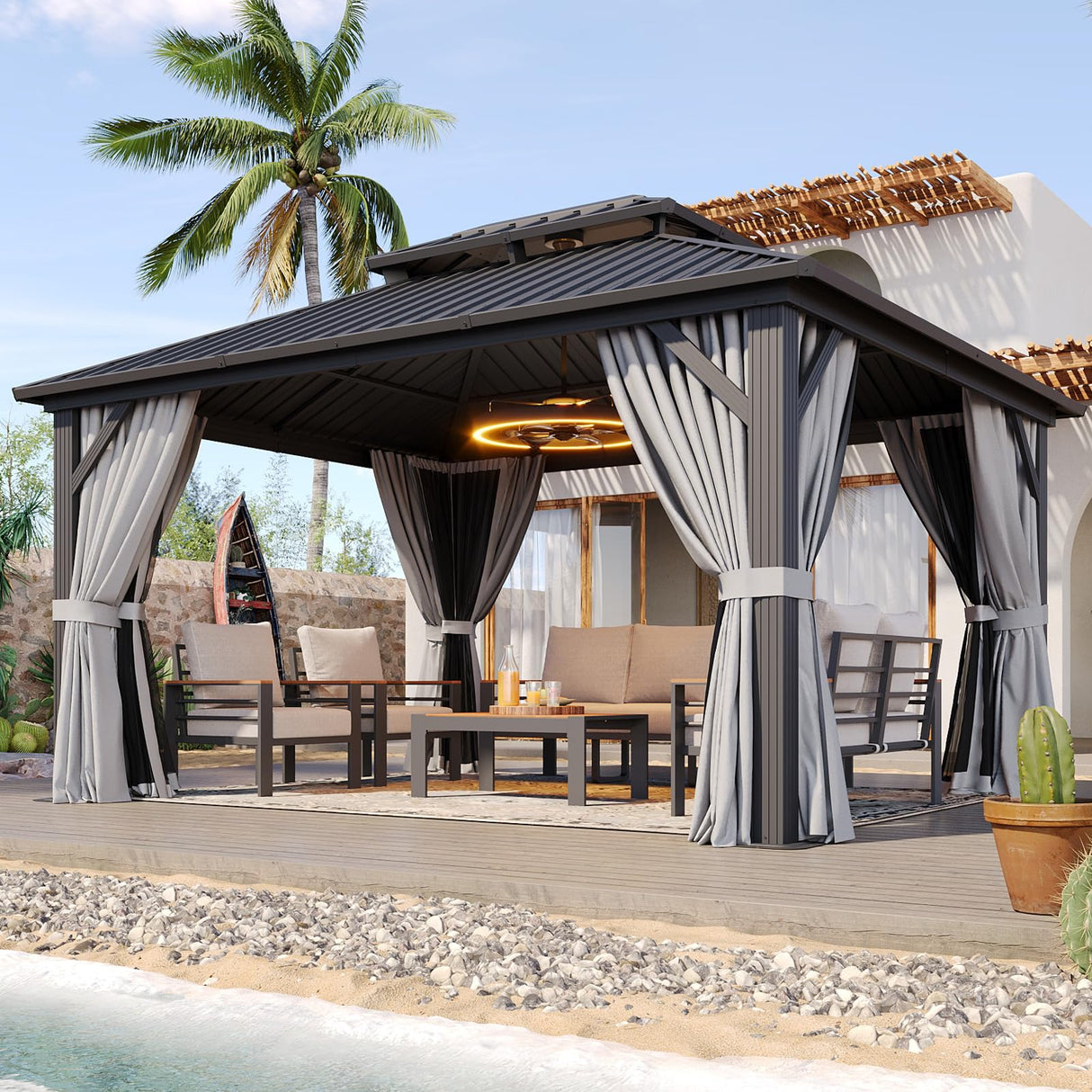 Aoxun Hardtop Gazebo 10x12, Aluminum Frame Canopy with Double Galvanized Steel Roof, Outdoor Gazebo with Breathable Netting and Privacy Curtain for Backyard Aoxun