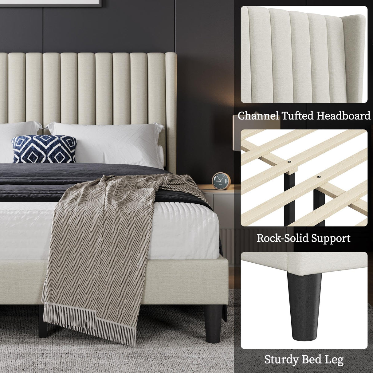 Yaheetech Full Bed Frame Upholstered Platform Bed with Fabric Headboard, Wing Edge Design/Non-Slip and Noise-Free/Wooden Slats Support/No Box Spring Needed/Easy Assembly, Beige Full Bed Yaheetech