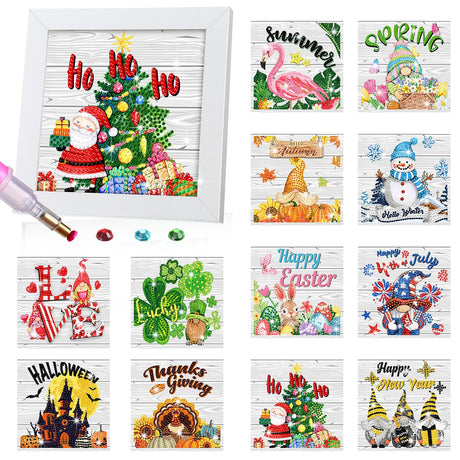 Trandraft 13 Pcs Interchangeable Seasonal Diamond Painting Kits for Adults Monthly 5D Diamond Art Calendar Kits with Frame for Christmas Thanksgiving Winter Holiday Decor Gift(Multi Elements) Trandraft