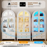 LVSOMT 71" Tall Arched Storage Cabinet with Glass Doors and Drawers, Curio Display Cabinet with Adjustable LED Light & Human Sensor, 4-Tier China Cabinet for Living Room(White) LVSOMT