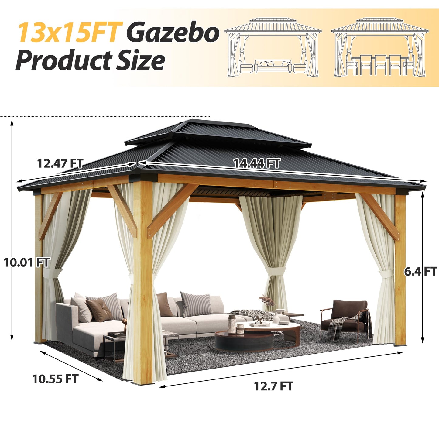 13' x 15' Wood Gazebo, Hardtop Gazebo with Double Roof Galvanized Steel Top, Outdoor Cedar Wooden Gazebo with Curtain & Netting for Garden, Patio, Deck, Backyard (13'×15') - WoodArtSupply