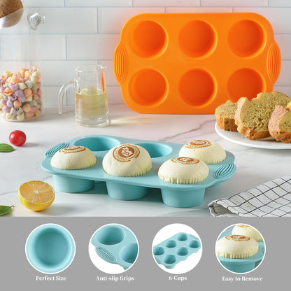 2PCS Silicone Muffin Cupcake Pan Molds, Ohola 6-Cavity Nonstick Silicone Muffin Pans for baking, Perfect for Cupcakes, Muffin, Brownies and More, BPA Free, 2 Pack (Orange and Peacock Blue)