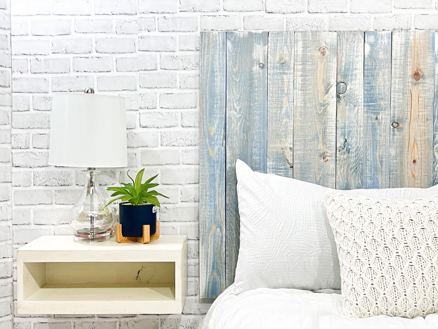 Barn Walls Blue Powderwash Headboard, Farmhouse Design, Wood Headboard, Wash Finish, Floating Panels, Wall Mount, Adjustable Height, Queen Size - WoodArtSupply