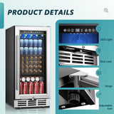 EUHOMY 15 Inch Beverage Refrigerator Cooler Under Counter 127 Cans Beverage Fridge Built-in or Freestanding with Glass Door, LED Light, Beer Fridge for Soda, Water, Wine - Home Kitchen Bar. EUHOMY