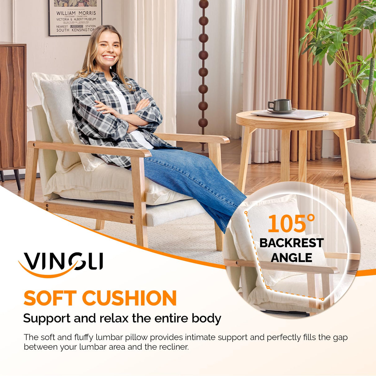 VINGLI Mid-Century Modern Cloud Accent Armchair with Lumbar Pillow, 6.3'' Thick Seat Cushion Comfortable Lounge Chair with Wooden Armrests for Bedroom, Living Room, Reading Room, Beige VINGLI
