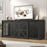 87In Farmhouse Dog Crate TV Stand, Wooden Dog Kennel Furniture with Sliding Metal Mesh Barn Door, Large Dog Crate Furniture for 2 Dogs, Solid Metal Tube & 2 Lockable Doors, Black jiteentarou